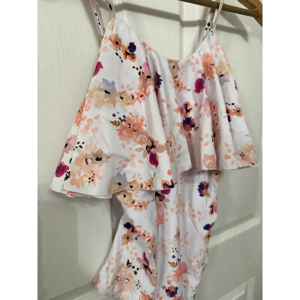 Beachsissi Floral Flounce Off Shoulder Ruffled Monokini One Piece Swimsuit, M